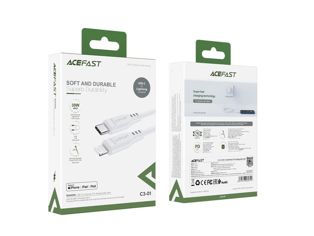 ACEFAST C3-01 USB-C to Lightning Charging Cable - PD Fast Charge, 1.2m ACEFAST C3-01 USB-C to Lightning Charging Cable - PD Fast Charge, 1.2m